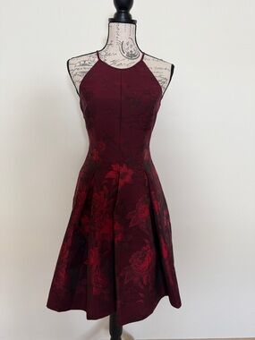 White House Black Market Burgundy & Red Floral Halter Midi Dress w two pockets